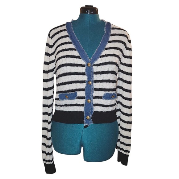 Anthropologie LAUNDRY Shelli Segal Pointelle Denim Trim Stripe Cardi L Women's - Picture 1 of 7